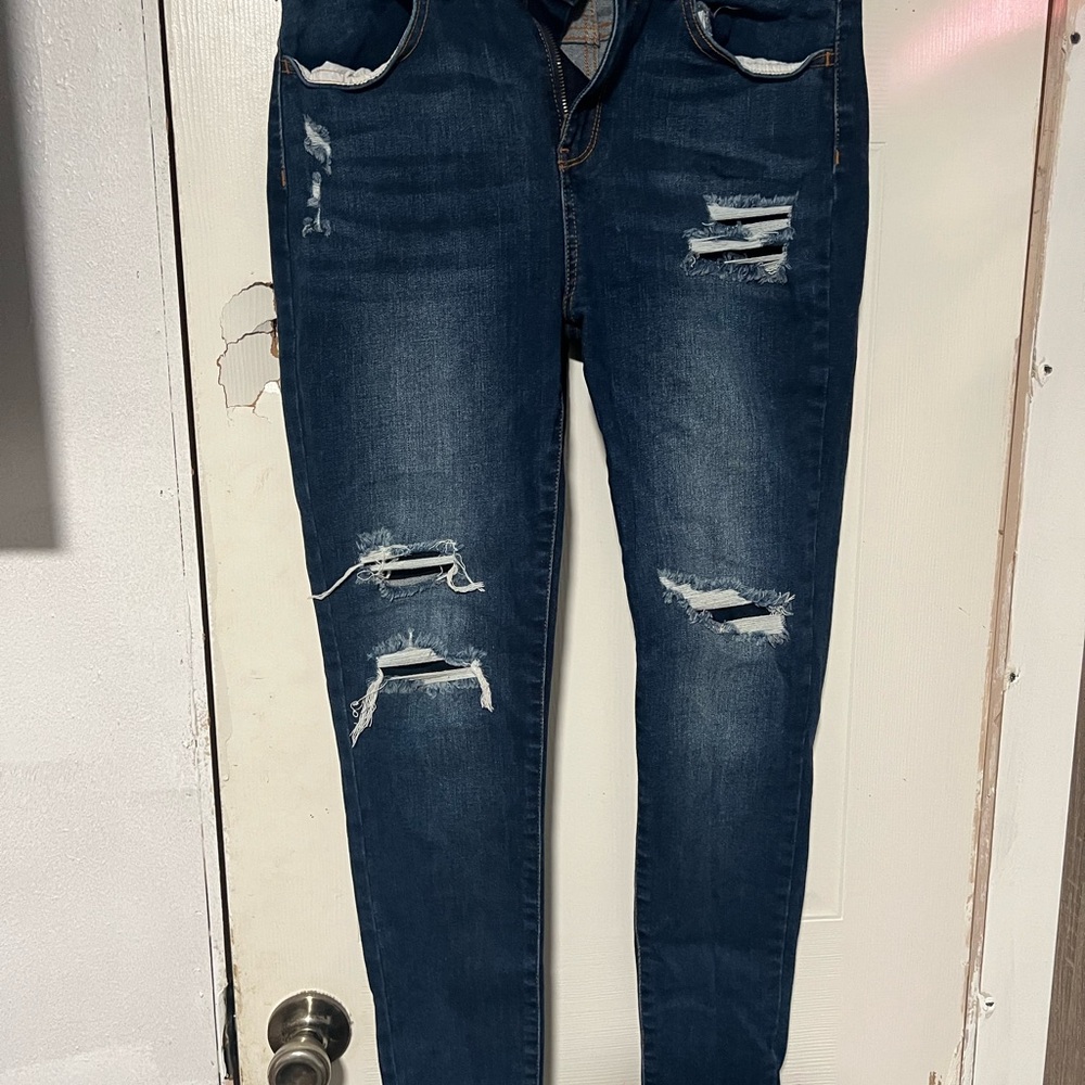 Wax Jean Dark Blue Distressed Skinny Jeans